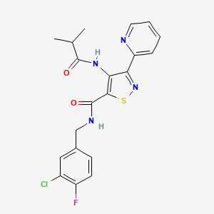 molecular formula C20H18ClFN4O2S B2690159 N-[(3-chloro-4-fluorophenyl)methyl]-4-(2-methylpropanamido)-3-(pyridin-2-yl)-1,2-thiazole-5-carboxamide CAS No. 1251633-52-9