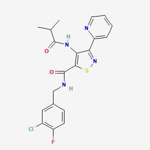 molecular formula C20H18ClFN4O2S B2690159 N-(3-chloro-4-fluorobenzyl)-4-(isobutyrylamino)-3-pyridin-2-ylisothiazole-5-carboxamide CAS No. 1251633-52-9