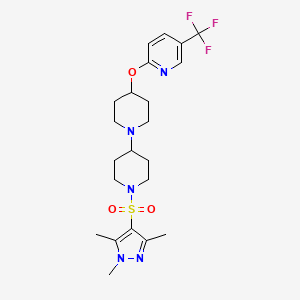 molecular formula C22H30F3N5O3S B2690184 4-{[5-(三氟甲基)吡啶-2-基]氧基}-1'-[(1,3,5-三甲基-1H-吡唑-4-基)磺酰]-1,4'-双哌啶 CAS No. 2097934-81-9