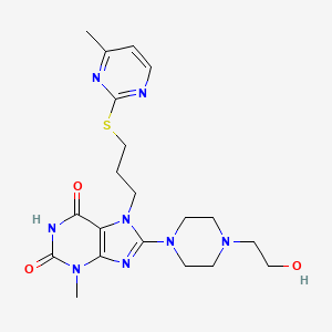 molecular formula C20H28N8O3S B2690211 8-(4-(2-hydroxyethyl)piperazin-1-yl)-3-methyl-7-(3-((4-methylpyrimidin-2-yl)thio)propyl)-1H-purine-2,6(3H,7H)-dione CAS No. 872623-59-1