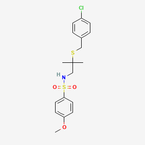 molecular formula C18H22ClNO3S2 B2690261 N-{2-[(4-chlorobenzyl)sulfanyl]-2-methylpropyl}-4-methoxybenzenesulfonamide CAS No. 343372-99-6