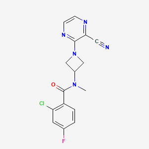 molecular formula C16H13ClFN5O B2690268 2-Chloro-N-[1-(3-cyanopyrazin-2-yl)azetidin-3-yl]-4-fluoro-N-methylbenzamide CAS No. 2380099-47-6
