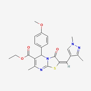 (E)-ethyl 2-((1,3-dimethyl-1H-pyrazol-4-yl)methylene)-5-(4-methoxyphenyl)-7-methyl-3-oxo-3,5-dihydro-2H-thiazolo[3,2-a]pyrimidine-6-carboxylate