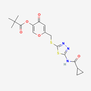 molecular formula C17H19N3O5S2 B2690774 6-(((5-(cyclopropanecarboxamido)-1,3,4-thiadiazol-2-yl)thio)methyl)-4-oxo-4H-pyran-3-yl pivalate CAS No. 896008-08-5