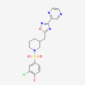 molecular formula C18H17ClFN5O3S B2690847 5-((1-((3-Chloro-4-fluorophenyl)sulfonyl)piperidin-3-yl)methyl)-3-(pyrazin-2-yl)-1,2,4-oxadiazole CAS No. 1705768-41-7