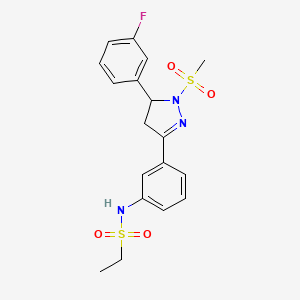 molecular formula C18H20FN3O4S2 B2690966 N-{3-[5-(3-fluorophenyl)-1-methanesulfonyl-4,5-dihydro-1H-pyrazol-3-yl]phenyl}ethane-1-sulfonamide CAS No. 832688-29-6