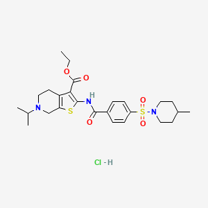 molecular formula C26H36ClN3O5S2 B2691005 Ethyl 6-isopropyl-2-(4-((4-methylpiperidin-1-yl)sulfonyl)benzamido)-4,5,6,7-tetrahydrothieno[2,3-c]pyridine-3-carboxylate hydrochloride CAS No. 1216729-73-5