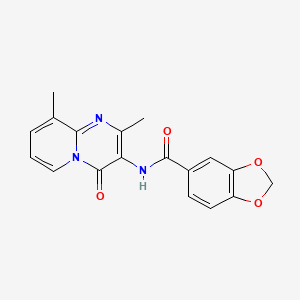 molecular formula C18H15N3O4 B2691008 N-(4-keto-2,9-dimethyl-pyrido[1,2-a]pyrimidin-3-yl)-piperonylamide CAS No. 897617-40-2