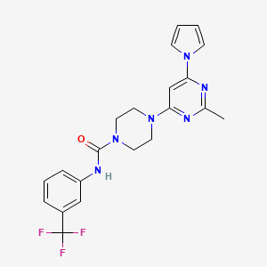 molecular formula C21H21F3N6O B2691014 4-(2-甲基-6-(1H-吡咯-1-基)嘧啶-4-基)-N-(3-(三氟甲基)苯基)哌嗪-1-甲酰胺 CAS No. 1428356-35-7