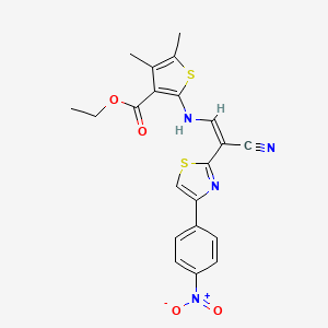 molecular formula C21H18N4O4S2 B2691020 (Z)-ethyl 2-((2-cyano-2-(4-(4-nitrophenyl)thiazol-2-yl)vinyl)amino)-4,5-dimethylthiophene-3-carboxylate CAS No. 577982-52-6
