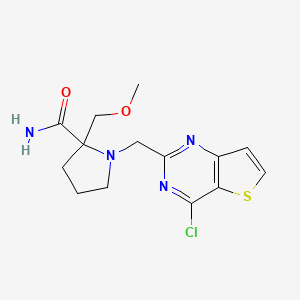 molecular formula C14H17ClN4O2S B2691226 1-[(4-Chlorothieno[3,2-d]pyrimidin-2-yl)methyl]-2-(methoxymethyl)pyrrolidine-2-carboxamide CAS No. 2249325-99-1