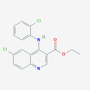 molecular formula C18H14Cl2N2O2 B2691289 乙基-6-氯-4-(2-氯苯胺基)-3-喹啉甲酸酯 CAS No. 955282-73-2