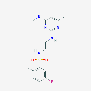 molecular formula C16H22FN5O2S B2691312 N-(2-((4-(dimethylamino)-6-methylpyrimidin-2-yl)amino)ethyl)-5-fluoro-2-methylbenzenesulfonamide CAS No. 1207053-55-1