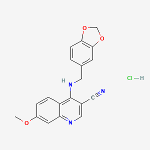 molecular formula C19H16ClN3O3 B2691361 4-((Benzo[d][1,3]dioxol-5-ylmethyl)amino)-7-methoxyquinoline-3-carbonitrile hydrochloride CAS No. 1331305-15-7