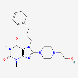 molecular formula C21H28N6O3 B2691368 8-(4-(2-hydroxyethyl)piperazin-1-yl)-3-methyl-7-(3-phenylpropyl)-1H-purine-2,6(3H,7H)-dione CAS No. 361174-84-7