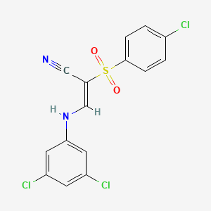 molecular formula C15H9Cl3N2O2S B2691375 (E)-2-(4-chlorophenyl)sulfonyl-3-(3,5-dichloroanilino)prop-2-enenitrile CAS No. 1025311-95-8