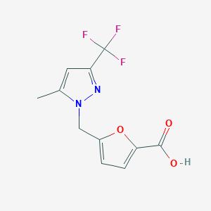 molecular formula C11H9F3N2O3 B2691444 5-(5-Methyl-3-trifluoromethyl-pyrazol-1-ylmethyl)-furan-2-carboxylic acid CAS No. 381184-74-3