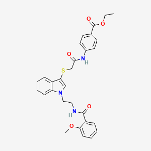 molecular formula C29H29N3O5S B2692120 ethyl 4-{2-[(1-{2-[(2-methoxyphenyl)formamido]ethyl}-1H-indol-3-yl)sulfanyl]acetamido}benzoate CAS No. 443332-86-3