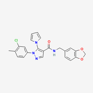 molecular formula C23H19ClN4O3 B2692179 N-(benzo[d][1,3]dioxol-5-ylmethyl)-1-(3-chloro-4-methylphenyl)-5-(1H-pyrrol-1-yl)-1H-pyrazole-4-carboxamide CAS No. 1207002-48-9