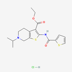 molecular formula C18H23ClN2O3S2 B2692272 Ethyl 6-isopropyl-2-(thiophene-2-carboxamido)-4,5,6,7-tetrahydrothieno[2,3-c]pyridine-3-carboxylate hydrochloride CAS No. 1189696-12-5