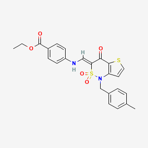 molecular formula C24H22N2O5S2 B2692296 ethyl 4-({(Z)-[1-(4-methylbenzyl)-2,2-dioxido-4-oxo-1,4-dihydro-3H-thieno[3,2-c][1,2]thiazin-3-ylidene]methyl}amino)benzoate CAS No. 894674-27-2