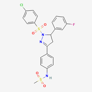 molecular formula C22H19ClFN3O4S2 B2692565 N-{4-[1-(4-chlorobenzenesulfonyl)-5-(3-fluorophenyl)-4,5-dihydro-1H-pyrazol-3-yl]phenyl}methanesulfonamide CAS No. 851781-12-9
