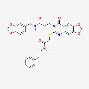 molecular formula C30H28N4O7S B2692596 N-[(2H-1,3-benzodioxol-5-yl)methyl]-3-[8-oxo-6-({[(2-phenylethyl)carbamoyl]methyl}sulfanyl)-2H,7H,8H-[1,3]dioxolo[4,5-g]quinazolin-7-yl]propanamide CAS No. 896705-89-8