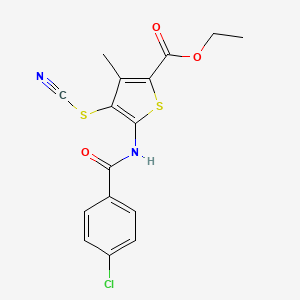 molecular formula C16H13ClN2O3S2 B2693117 Ethyl 5-(4-chlorobenzamido)-3-methyl-4-thiocyanatothiophene-2-carboxylate CAS No. 681156-66-1
