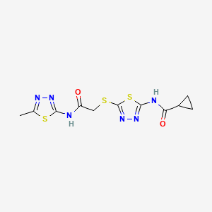 molecular formula C11H12N6O2S3 B2693125 N-(5-((2-((5-methyl-1,3,4-thiadiazol-2-yl)amino)-2-oxoethyl)thio)-1,3,4-thiadiazol-2-yl)cyclopropanecarboxamide CAS No. 392318-92-2