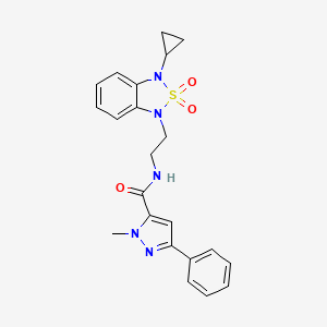 molecular formula C22H23N5O3S B2693150 N-[2-(3-cyclopropyl-2,2-dioxo-1,3-dihydro-2lambda6,1,3-benzothiadiazol-1-yl)ethyl]-1-methyl-3-phenyl-1H-pyrazole-5-carboxamide CAS No. 2097894-91-0