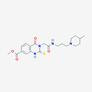 molecular formula C21H28N4O4S B2693414 methyl 3-({[3-(4-methylpiperidin-1-yl)propyl]carbamoyl}methyl)-4-oxo-2-sulfanylidene-1,2,3,4-tetrahydroquinazoline-7-carboxylate CAS No. 946329-26-6