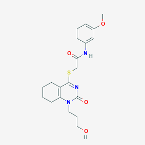 molecular formula C20H25N3O4S B2693431 2-((1-(3-hydroxypropyl)-2-oxo-1,2,5,6,7,8-hexahydroquinazolin-4-yl)thio)-N-(3-methoxyphenyl)acetamide CAS No. 899973-99-0