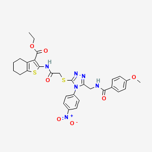 molecular formula C30H30N6O7S2 B2693555 ethyl 2-{2-[(5-{[(4-methoxyphenyl)formamido]methyl}-4-(4-nitrophenyl)-4H-1,2,4-triazol-3-yl)sulfanyl]acetamido}-4,5,6,7-tetrahydro-1-benzothiophene-3-carboxylate CAS No. 393847-84-2