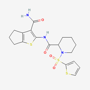 molecular formula C18H21N3O4S3 B2693590 N-(3-carbamoyl-5,6-dihydro-4H-cyclopenta[b]thiophen-2-yl)-1-(thiophen-2-ylsulfonyl)piperidine-2-carboxamide CAS No. 1097898-19-5