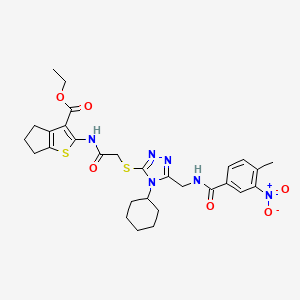 molecular formula C29H34N6O6S2 B2693609 ethyl 2-{2-[(4-cyclohexyl-5-{[(4-methyl-3-nitrophenyl)formamido]methyl}-4H-1,2,4-triazol-3-yl)sulfanyl]acetamido}-4H,5H,6H-cyclopenta[b]thiophene-3-carboxylate CAS No. 393850-14-1