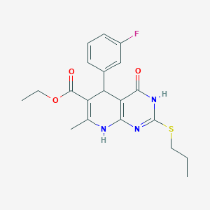 molecular formula C20H22FN3O3S B2693809 Ethyl 5-(3-fluorophenyl)-7-methyl-4-oxo-2-(propylthio)-3,4,5,8-tetrahydropyrido[2,3-d]pyrimidine-6-carboxylate CAS No. 923876-61-3