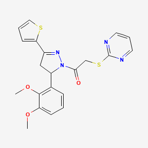 molecular formula C21H20N4O3S2 B2694042 1-(5-(2,3-dimethoxyphenyl)-3-(thiophen-2-yl)-4,5-dihydro-1H-pyrazol-1-yl)-2-(pyrimidin-2-ylthio)ethanone CAS No. 403843-55-0