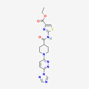 molecular formula C18H20N8O3S B2694083 ethyl 2-(1-(6-(1H-1,2,4-triazol-1-yl)pyridazin-3-yl)piperidine-4-carboxamido)thiazole-4-carboxylate CAS No. 1797902-97-6