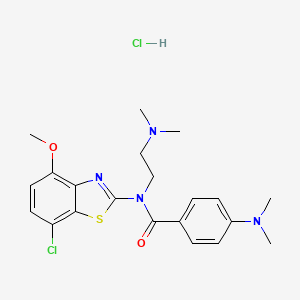 molecular formula C21H26Cl2N4O2S B2694089 N-(7-CHLORO-4-METHOXY-1,3-BENZOTHIAZOL-2-YL)-4-(DIMETHYLAMINO)-N-[2-(DIMETHYLAMINO)ETHYL]BENZAMIDE HYDROCHLORIDE CAS No. 1215397-90-2