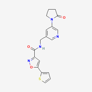 molecular formula C18H16N4O3S B2694133 N-((5-(2-oxopyrrolidin-1-yl)pyridin-3-yl)methyl)-5-(thiophen-2-yl)isoxazole-3-carboxamide CAS No. 2177365-93-2