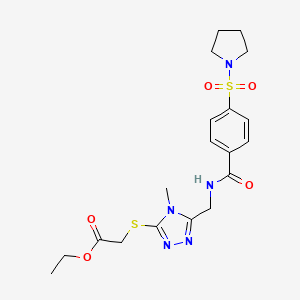 molecular formula C19H25N5O5S2 B2694233 ethyl 2-{[4-methyl-5-({[4-(pyrrolidine-1-sulfonyl)phenyl]formamido}methyl)-4H-1,2,4-triazol-3-yl]sulfanyl}acetate CAS No. 689752-16-7