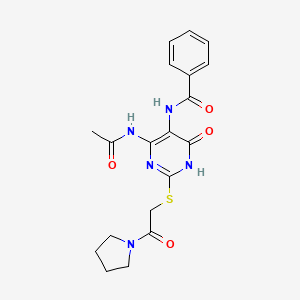 molecular formula C19H21N5O4S B2694799 N-(4-acetamido-6-oxo-2-((2-oxo-2-(pyrrolidin-1-yl)ethyl)thio)-1,6-dihydropyrimidin-5-yl)benzamide CAS No. 872608-66-7