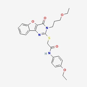 molecular formula C25H27N3O5S B2694829 N-(4-ethoxyphenyl)-2-{[3-(3-ethoxypropyl)-4-oxo-3,4-dihydro[1]benzofuro[3,2-d]pyrimidin-2-yl]sulfanyl}acetamide CAS No. 866894-93-1
