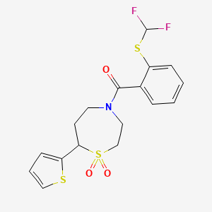 molecular formula C17H17F2NO3S3 B2694948 (2-((Difluoromethyl)thio)phenyl)(1,1-dioxido-7-(thiophen-2-yl)-1,4-thiazepan-4-yl)methanone CAS No. 2034460-44-9