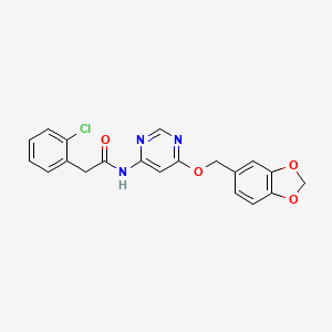 molecular formula C20H16ClN3O4 B2694995 N-(6-(benzo[d][1,3]dioxol-5-ylmethoxy)pyrimidin-4-yl)-2-(2-chlorophenyl)acetamide CAS No. 1396851-87-8