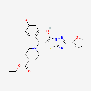 molecular formula C24H26N4O5S B2695072 ethyl 1-{[2-(furan-2-yl)-6-hydroxy-[1,2,4]triazolo[3,2-b][1,3]thiazol-5-yl](4-methoxyphenyl)methyl}piperidine-4-carboxylate CAS No. 896294-45-4