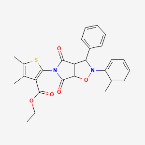 molecular formula C27H26N2O5S B2695139 ethyl 4,5-dimethyl-2-[2-(2-methylphenyl)-4,6-dioxo-3-phenyl-hexahydro-2H-pyrrolo[3,4-d][1,2]oxazol-5-yl]thiophene-3-carboxylate CAS No. 1005093-75-3