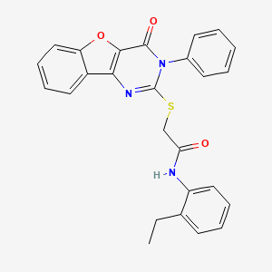 molecular formula C26H21N3O3S B2695219 N-(2-ethylphenyl)-2-({6-oxo-5-phenyl-8-oxa-3,5-diazatricyclo[7.4.0.0^{2,7}]trideca-1(9),2(7),3,10,12-pentaen-4-yl}sulfanyl)acetamide CAS No. 866873-58-7