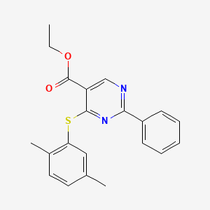 molecular formula C21H20N2O2S B2695273 Ethyl 4-[(2,5-dimethylphenyl)sulfanyl]-2-phenyl-5-pyrimidinecarboxylate CAS No. 477854-64-1