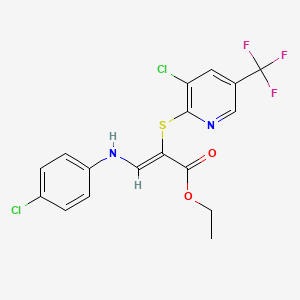 molecular formula C17H13Cl2F3N2O2S B2695540 Ethyl 3-(4-chloroanilino)-2-{[3-chloro-5-(trifluoromethyl)-2-pyridinyl]sulfanyl}acrylate CAS No. 338966-62-4